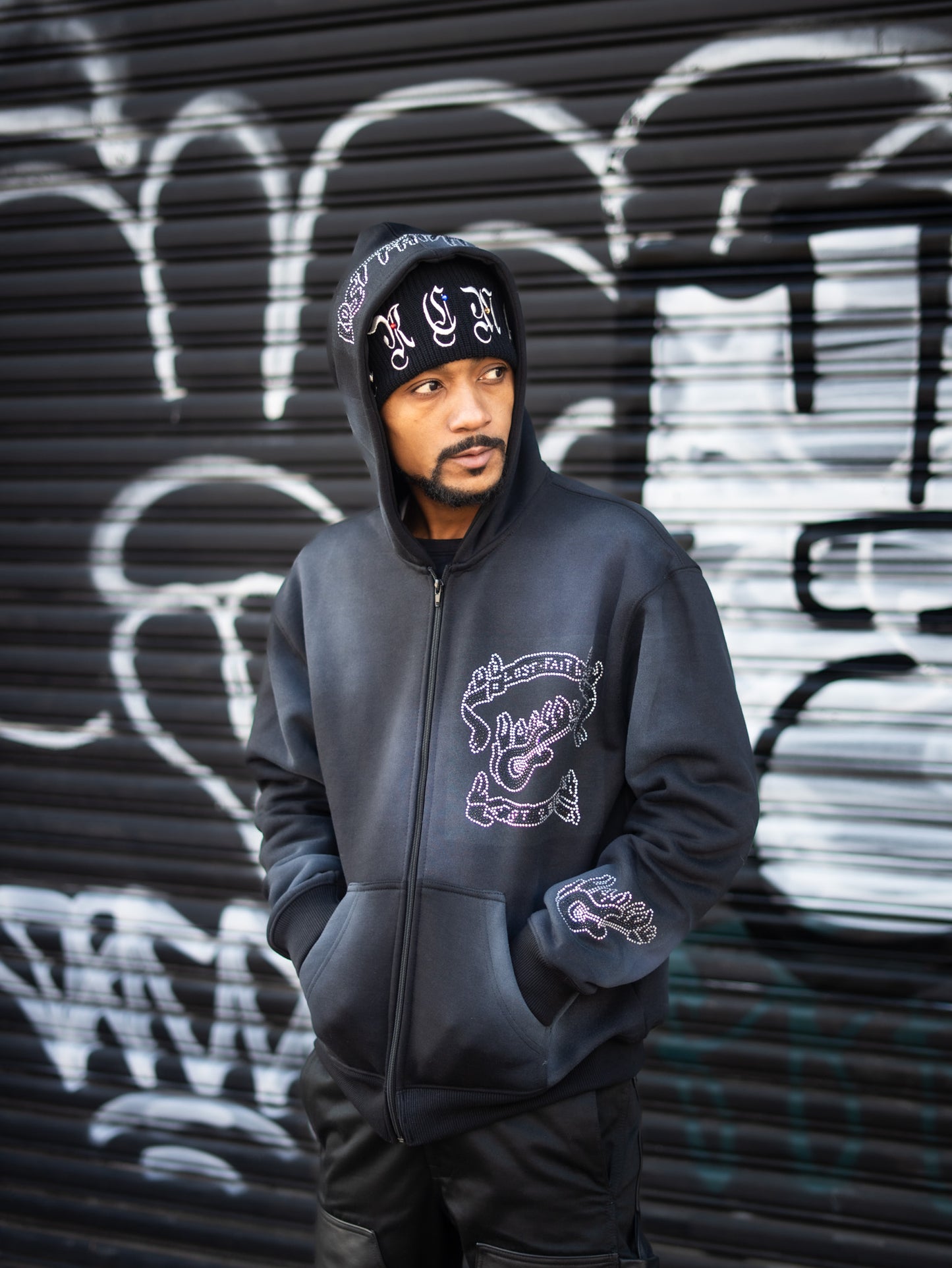 Rhinestone Guitar Hoodie (Black/Sliver)